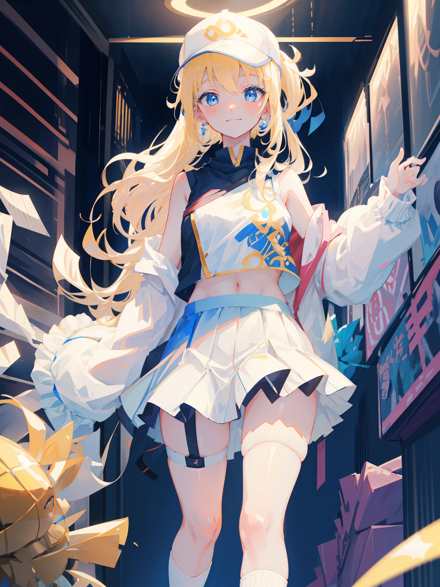 a beuatiful european girl,cute girl,perfect body,medium perky tits,make up,blush,blushing,embarrassed,shy smile, blue eyes,perfect face,detailed background,extremely detailed cg unity 8k wallpaper,masterpiece, best quality, ultra high res, shiny skin,white pale skin,long hair,blonde,large blue eyes,earring, higashikaisatsu, shinjuku, entrance, scenery, indoors, real world location,jacket,white tanktop,miniskirt,baseball cap,sneakers,ponytail,white thigh-high socks,garter straps,groin,navel,standing,from below,panty peek,