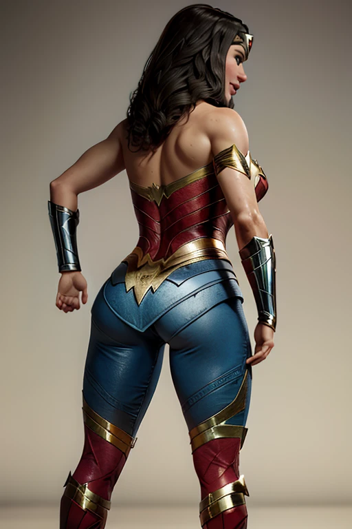 Realistic, Natural Beauty, Masterpiece, Back View Visible, Full Body View Visible, Hailee Steinfeld, Perfectly Accurate Face Proportion, Realistic Light Blue Eyes, Thick Eyebrows, Wonder Woman, Wonder Woman Tiara, Curve Wide Hips, Round Ass, Toned Thighs, Toned Arms, Grin On Her Face, In a slightly crouched position, the tight suit stretches over Wonder Woman's muscular form, accentuating the shape of her buttocks. Her stance, with one leg slightly forward, highlights the defined curves and the fit of her costume, emphasizing her readiness for action.