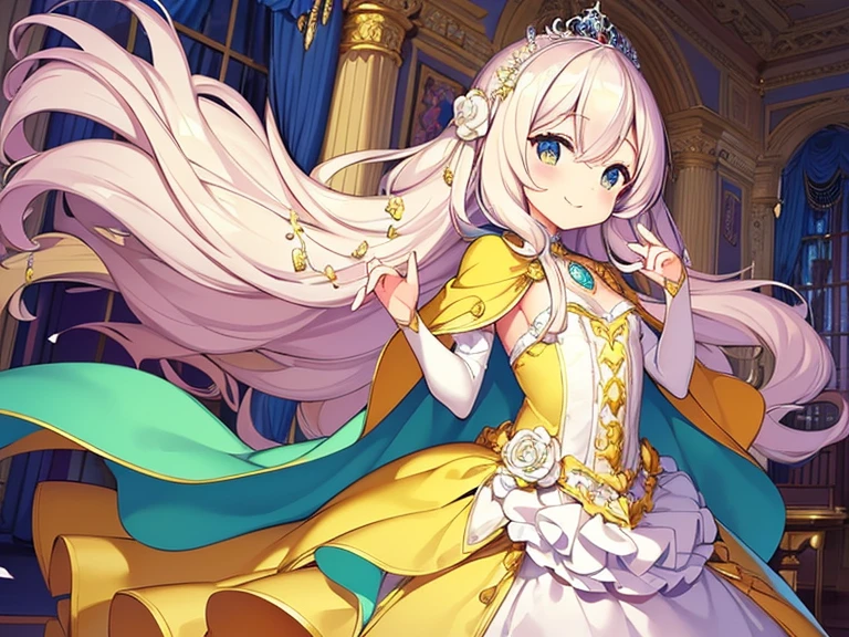 looking at viewer,(kawaii),(best quality),(ultra detailed), upper body,(rococo style),(long train pastel yellow cape:1.15), very long cape,(long train white ball gown with flower decorations:1.1), a girl is wearing a cape over her gown, 1 princess, tiara, smile, very long hair, small breasts