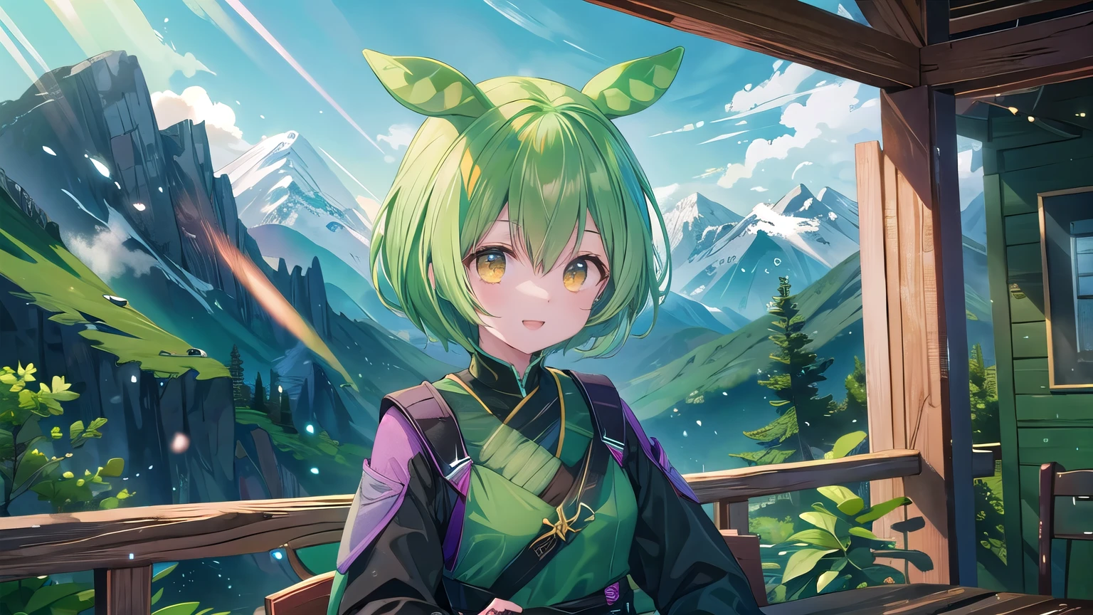 Dark green hair, eyes are yellow, scenery, Mountain, Upper Body, smile, Sitting, Open your mouth, Particles of light, Looking at the audience, Face Focus