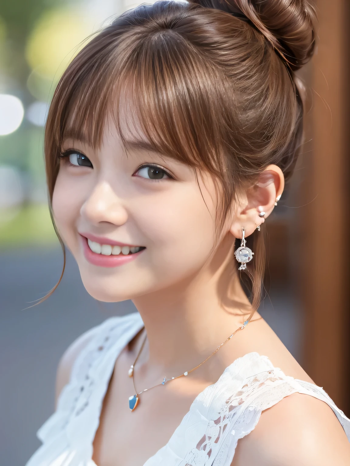 Ultra-high resolution, Superior Quality, highest quality, Very detailed, Realistic, 8k, RAW Photos, highest quality, masterpiece, Attractive girl, Awesome girl, Light brown hair、Hairstyle bun、Japanese Idols, Ear piercing、Necklace around the neck、blouse,smile、Beautiful teeth alignment、