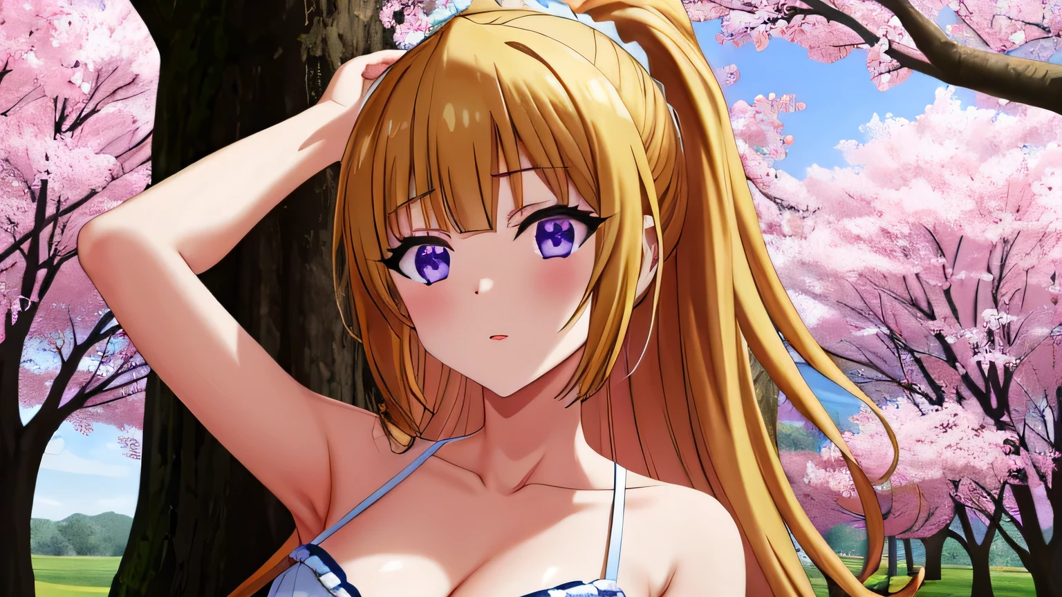 KeiKaruizawa, blonde hair, ponytail hairstyles, violet eyes, 1girl,solo,long hair, off shoulder, collar bone, cleavage, look at viewer, perfect fingers, armpit peek, frill,  Beautiful flowers bloom, (sparkles), (There is a blooming sakura)，standing under a tree, (head looking up), Look at the tree, Natural soft light, macaron, Still ethereal, Crisp and smooth lines, radiant morning light, soft luminescent glow, armpit peek,