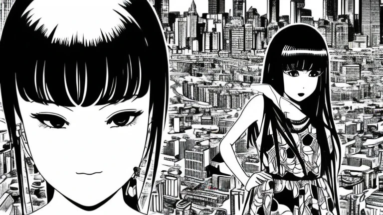 1girl, expressive black eyes, black hair, black patterned clothes dress, big city in sunset in background, detail richness, masterpiece, best quality, Junji Itō style, black and white art