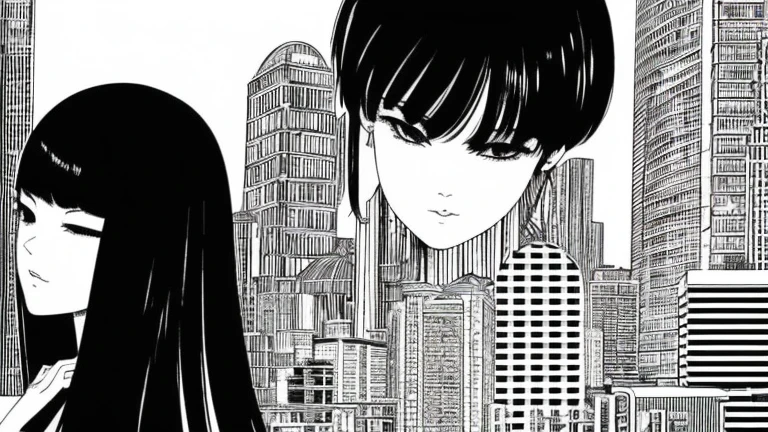 1girl, expressive black eyes, black hair, black patterned clothes dress, big city in sunset in background, detail richness, masterpiece, best quality, Junji Itō style, black and white art