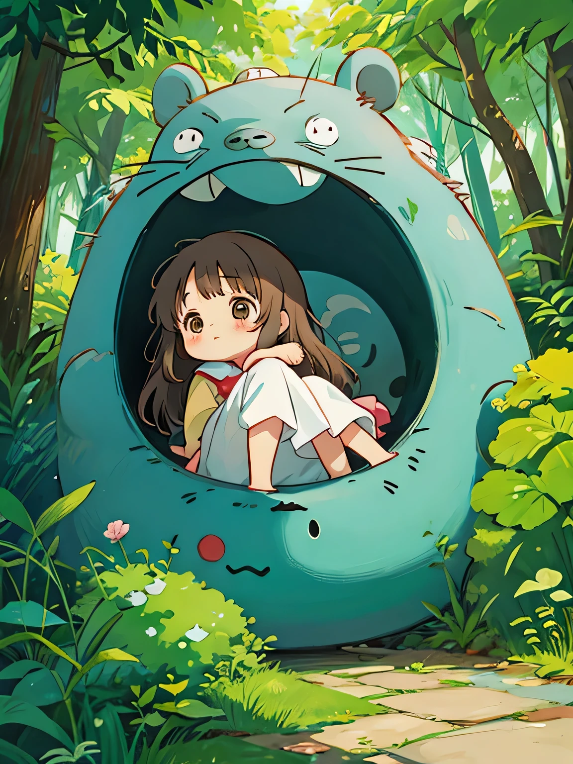 Hayao Miyazaki style, Kawaii Design, most beautiful girl ever、Chibi, president, huging, totoro forest