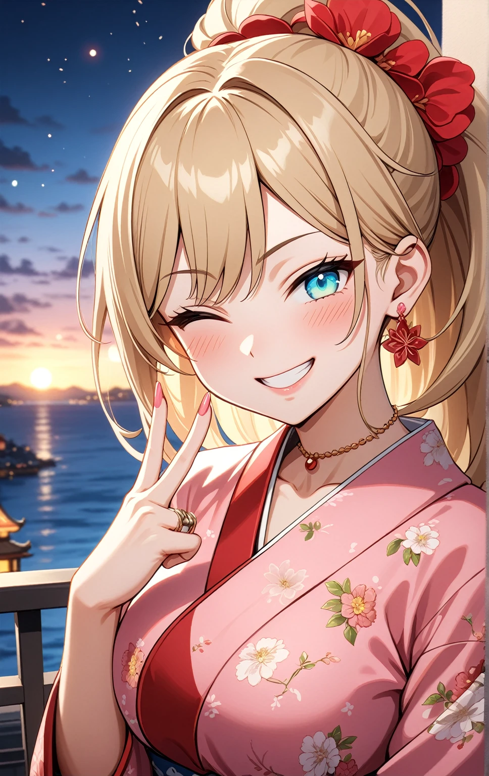 ((one personの女性)), Beautiful Face,(a woman making a peace sign. She is forming a peace sign with one hand and smiling at the camera), Laughing embarrassedly,((Wink:2.0)),Laughing with your mouth open,((Red cheeks:1.3)),Light comes from an angle,Glossy pink lips,night,rooftop,Festive decorations,You can see the ocean, firework,((Anime style background)),masterpiece, highest quality, so beautiful, Latest, Complex details, (Pink long nails),(ring),(flower bracelet),Floral choker,AI-generated, Complex,High resolution, highest quality, super high quality,3D Images、View your viewers、3D Images,one person,Long Blonde Hair,High Ponytail,Turquoise Eyes,Anime woman posing for a photo, (Fine grain,Colorful eyes,Shining Eyes:1.4),(Squint your eyes:1.1),a hyperRealistic , hyperRealistic , Realistic,Blonde anime woman with long hair, Smooth anime CG art, A woman in a colorful kimono with gold embroidery, (Pink kimono),Red floral pattern,Long flower hair ornament,Large floral earrings,(ring),(Big Breasts:1.1),Mature Body,Tall,Big Ass,Fine details,Tight waist,Abdominal muscles,(Face close up:1.5),(Tilt your face), Shooting from an angle,