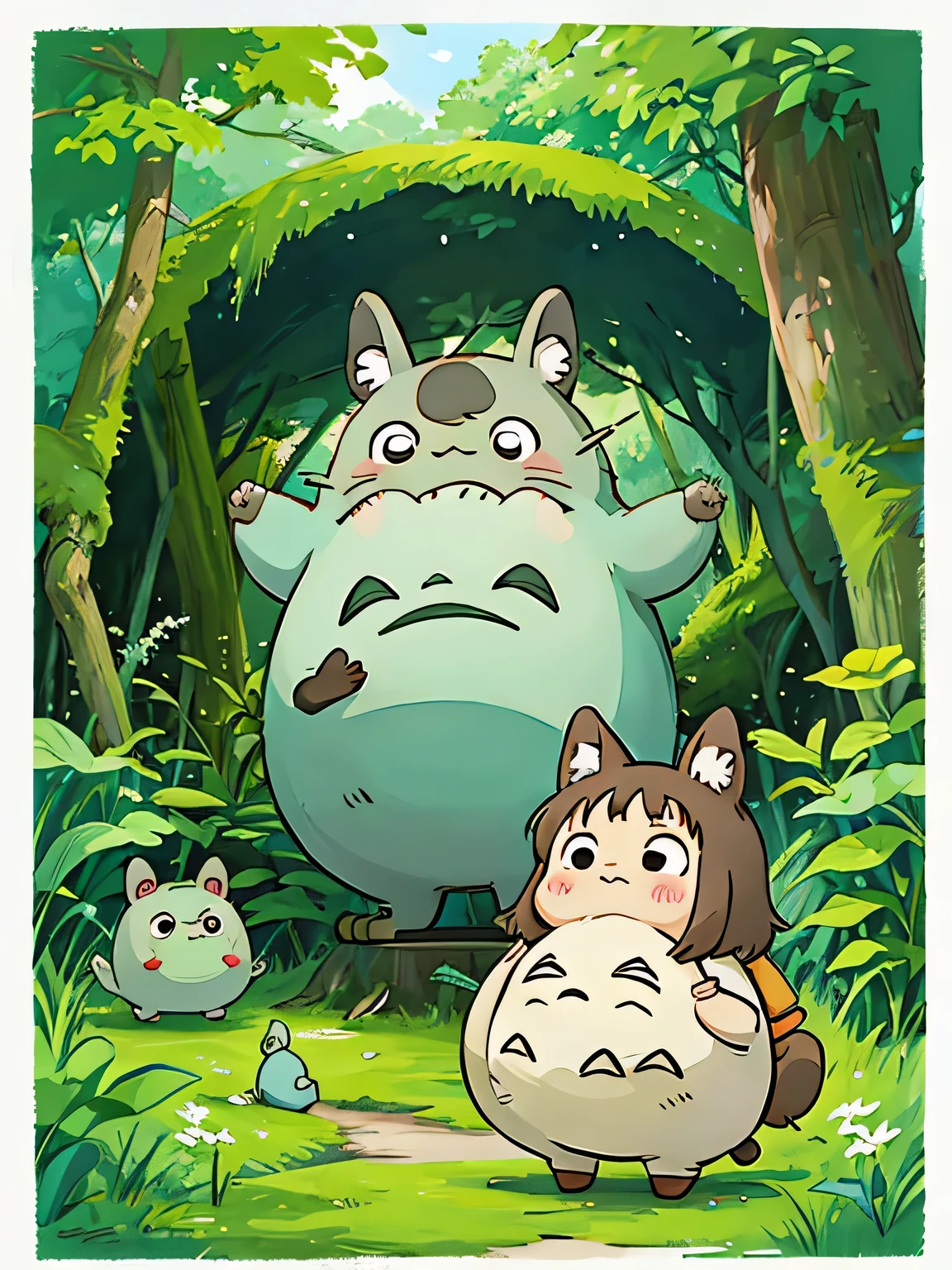 Hayao Miyazaki style, Kawaii Design, most beautiful girl ever、Chibi, president, huging, totoro forest