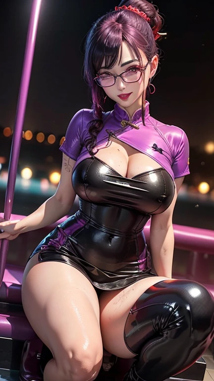 ((Chinese idol)) Soft purple hair Glasses Bright red lips Mature woman Bright red lipstick ((Purple shirt)) black bodycon skirt Legs in shiny black stockings full Looks fun Happy sexy smile ((With a whip)) A lot of sweat Skin is shiny and shiny ((Swimming pool on a hot summer night)) portrait Looking at the camera Low Angle soft light ((dressing)) ((Squat))