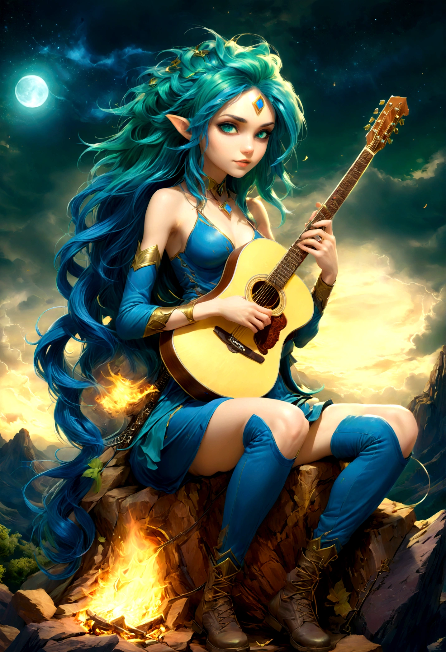 fantasy art, RPG art, a female elf playing (aether guitar: 1.3), she sits on the top of the mountain at night, exquisite beautiful female elf, (green hair: 1.4), long hair, (blue eyes: 1.30, wearing dynamic clothing, playing (aether guitar: 1.3) aetherpunkai, near a camp fire, on top of a fantasy mountain ,moon, stars, clouds, god rays, soft natural light, dynamic angle, photorealism, panoramic view, ultra best realistic, best details, 16k, [ultra detailed], masterpiece, best quality, (extremely detailed), photorealism,