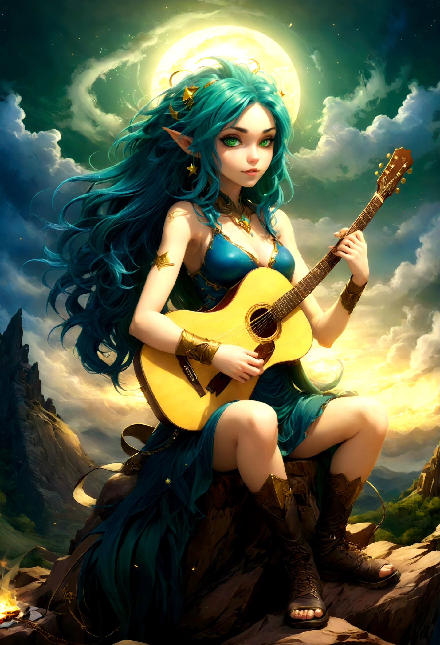 fantasy art, RPG art, a female elf playing (aether guitar: 1.3), she sits on the top of the mountain at night, exquisite beautiful female elf, (green hair: 1.4), long hair, (blue eyes: 1.30, wearing dynamic clothing, playing (aether guitar: 1.3) aetherpunkai, near a camp fire, on top of a fantasy mountain ,moon, stars, clouds, god rays, soft natural light, dynamic angle, photorealism, panoramic view, ultra best realistic, best details, 16k, [ultra detailed], masterpiece, best quality, (extremely detailed), photorealism,