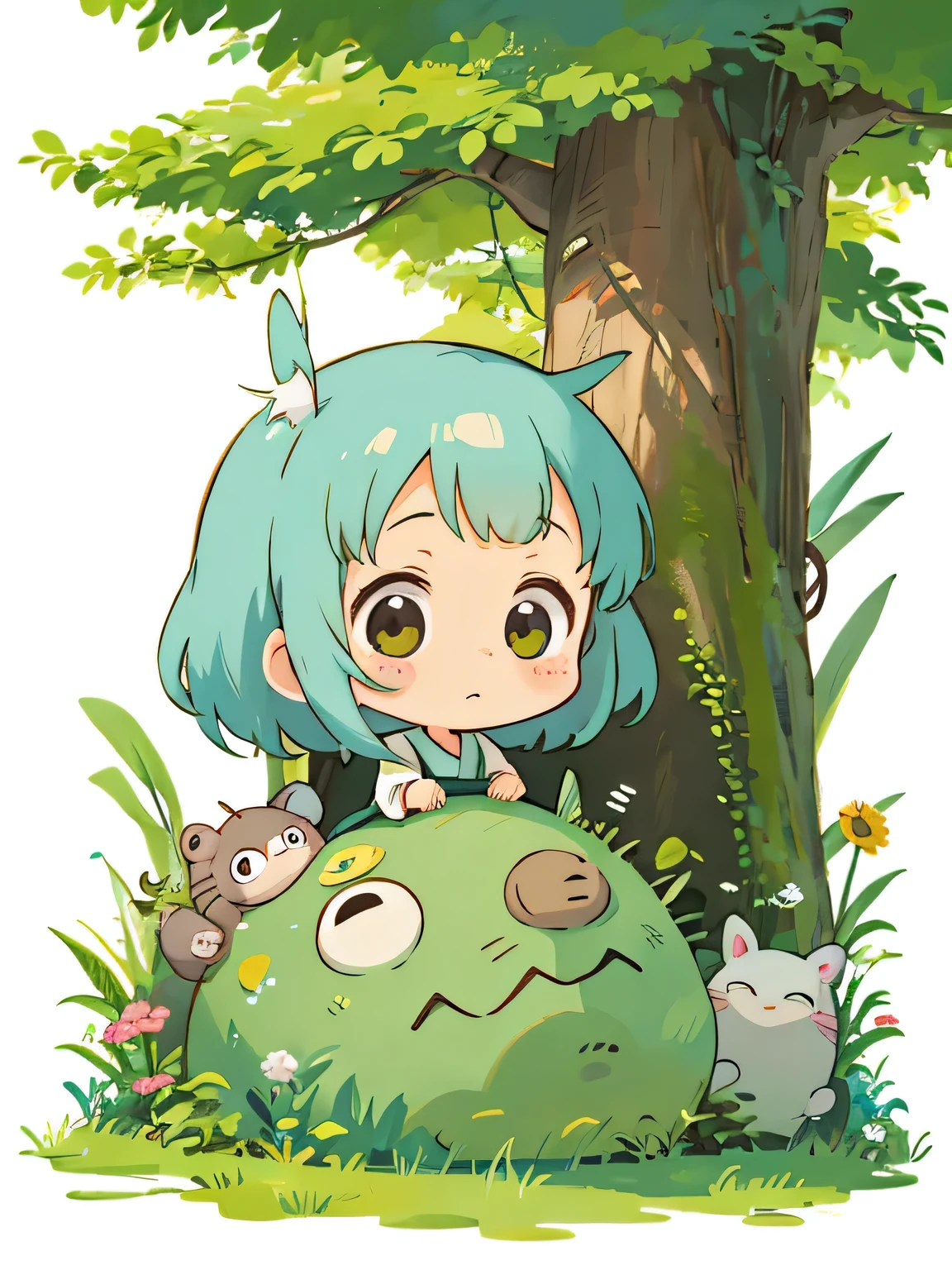 Hayao Miyazaki style, Kawaii Design, most beautiful girl ever、Chibi, president, huging, totoro forest