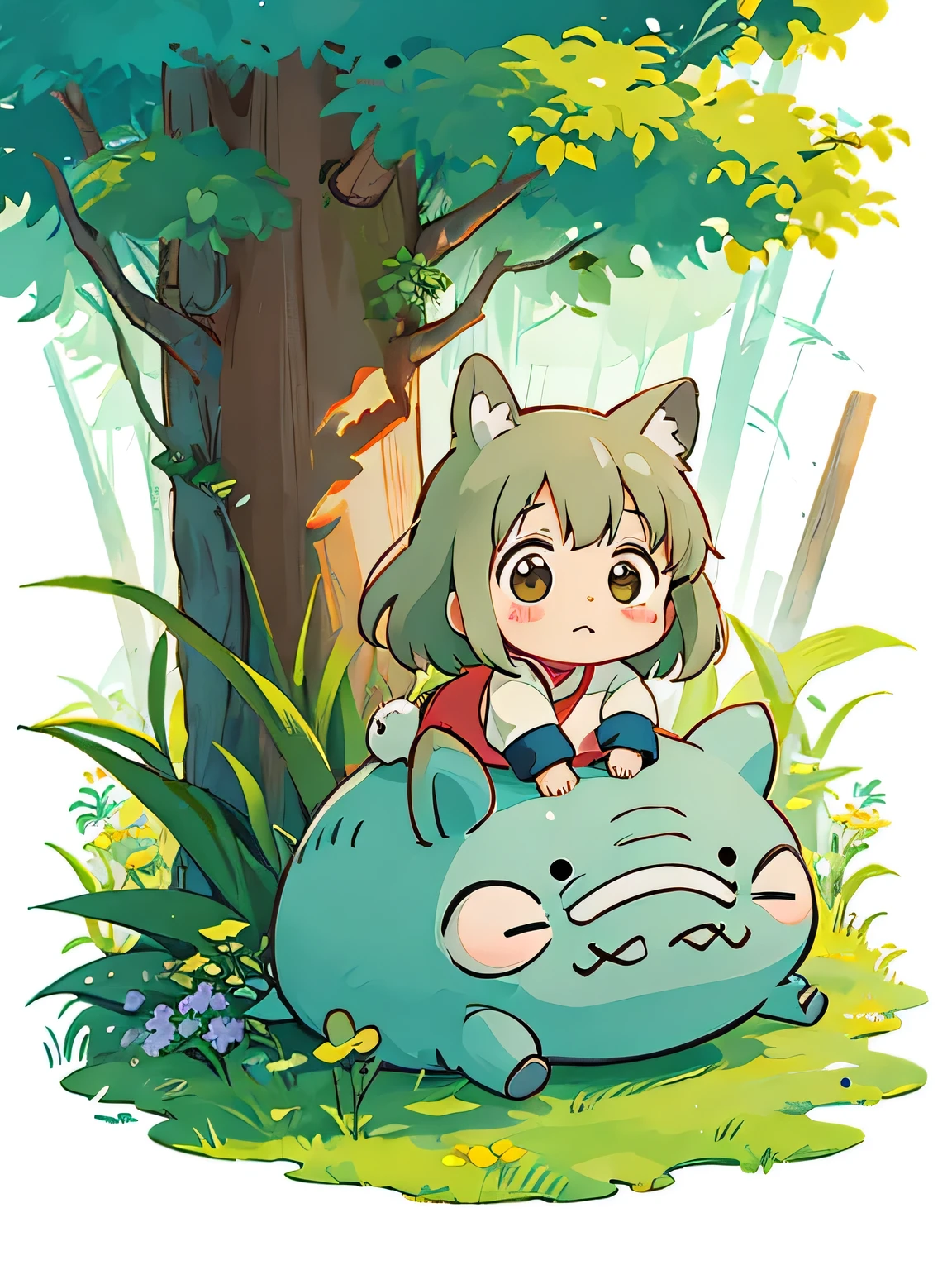 Hayao Miyazaki style, Kawaii Design, most beautiful girl ever、Chibi, president, huging, totoro forest