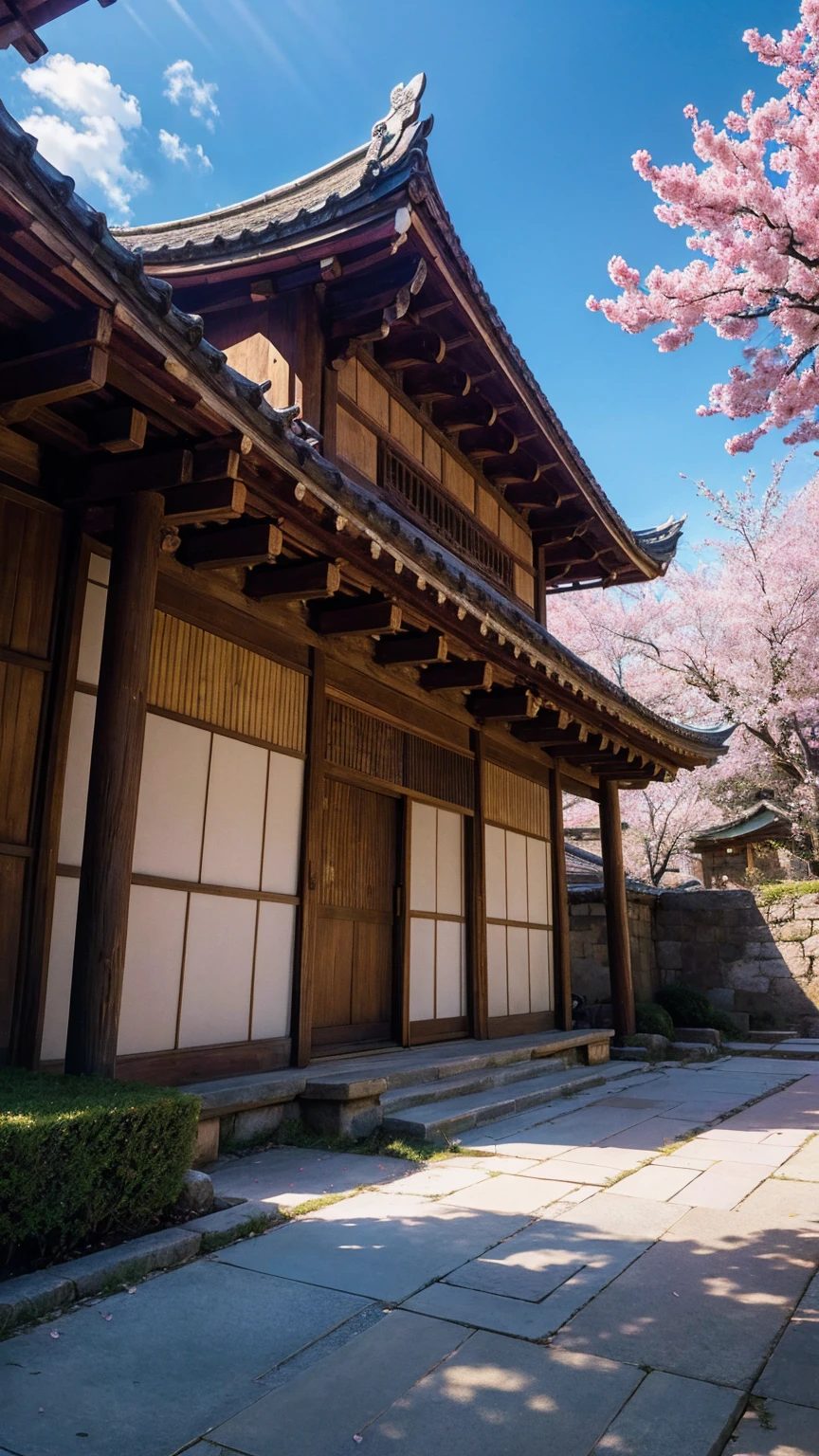 a beautiful ancient japanese castle, himeji castle, detailed architecture, ornate roofs, pagoda towers, stone walls, moat, cherry blossoms, blue sky, fluffy clouds, sunlight, (best quality,8k,highres,masterpiece:1.2),ultra-detailed,photorealistic,professional,vivid colors,dramatic lighting