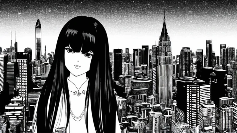 1girl, expressive black eyes, black hair, black patterned clothes dress, big city in sunset in background, detail richness, masterpiece, best quality, Junji Itō style, black and white art