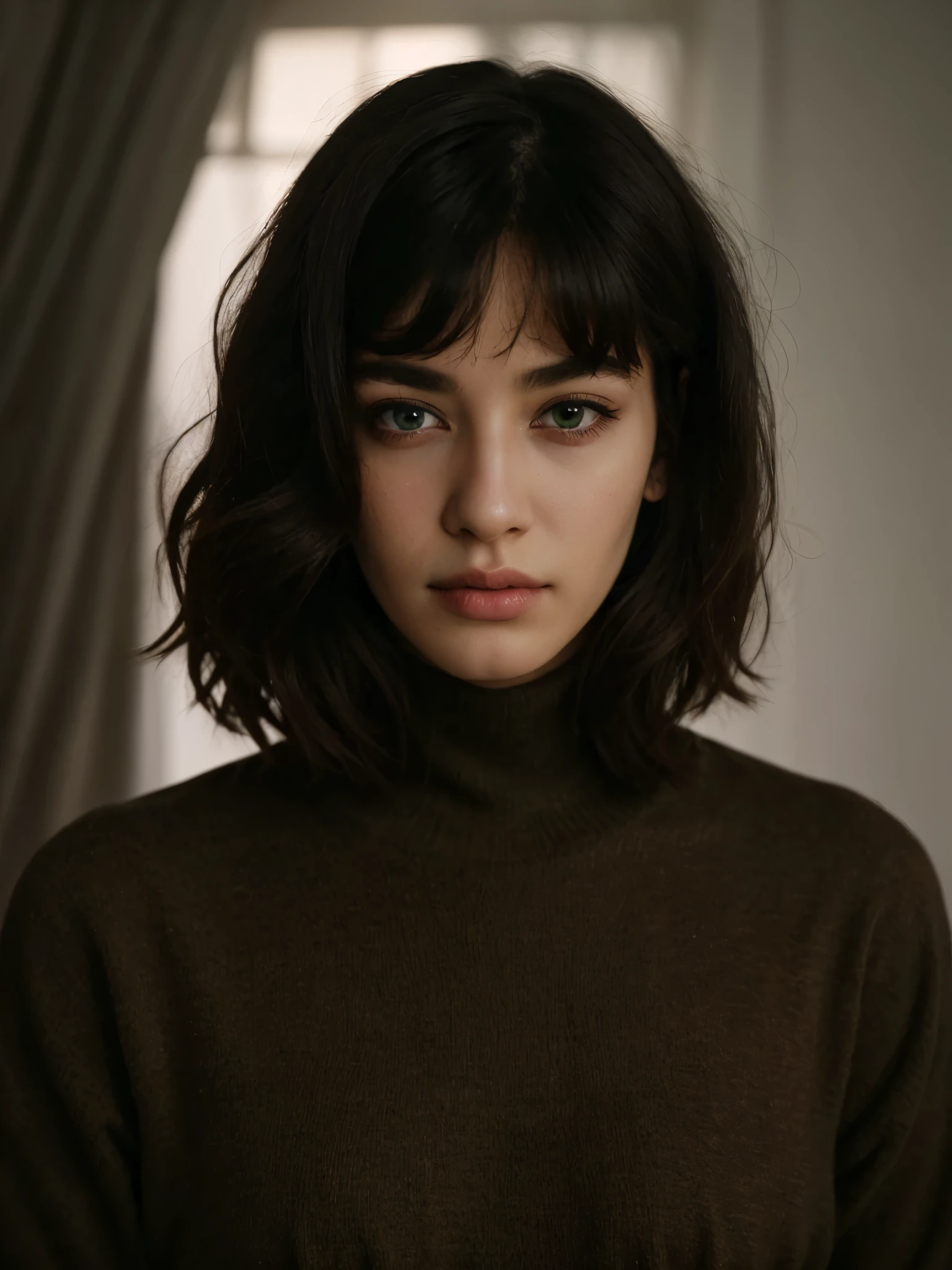 Best quality, masterpiece, ultra high res, (photorealistic:1.5), raw photo, 1 mature girl, black turtleneck, in the dark, deep shadow, low key, cold light, sexy look, black bob hair with bangs (((black hair))), green eyes, sharp eyes, eyeshadow