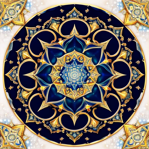A beautiful mandala that is starting from a six pointed star in centre, growing in white and blue marble flecked with gold, shining bright, growing in symmetrical designs and arabesques, digital art, masterpiece, highly detailed, 4k resolution, abstract art, oriental art, digital art, photographic