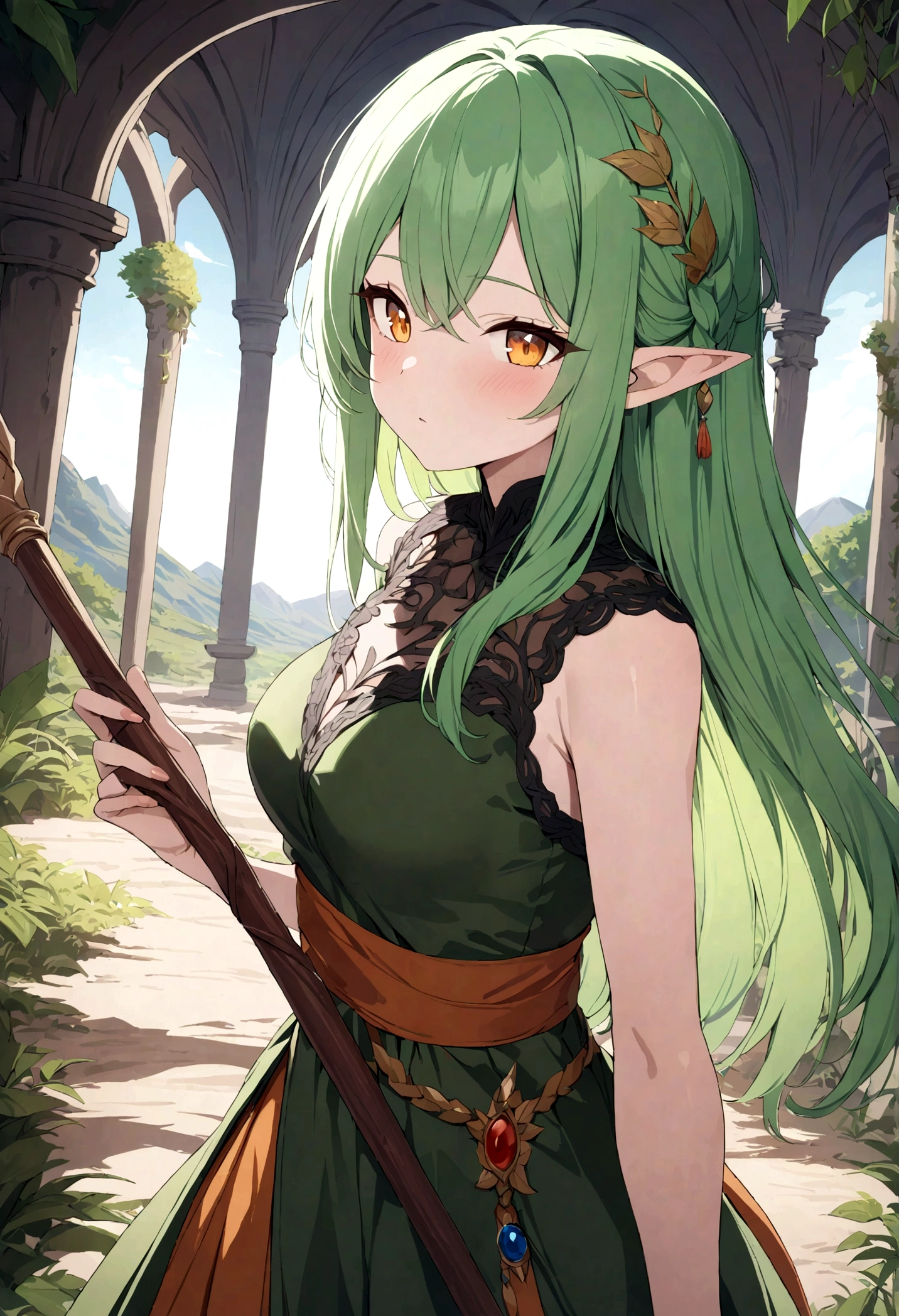 a beautiful elf woman, 26 years old, long green hair, amber eyes, detailed plant and moss clothing, simple wooden staff, summoning a lush enchanted forest in a desert, (best quality,4k,8k,highres,masterpiece:1.2),ultra-detailed,intricate details,highly detailed face,detailed eyes,long eyelashes,smooth skin,elegant pose,detailed clothing texture,natural lighting,vibrant colors,fantasy landscape,mystical atmosphere