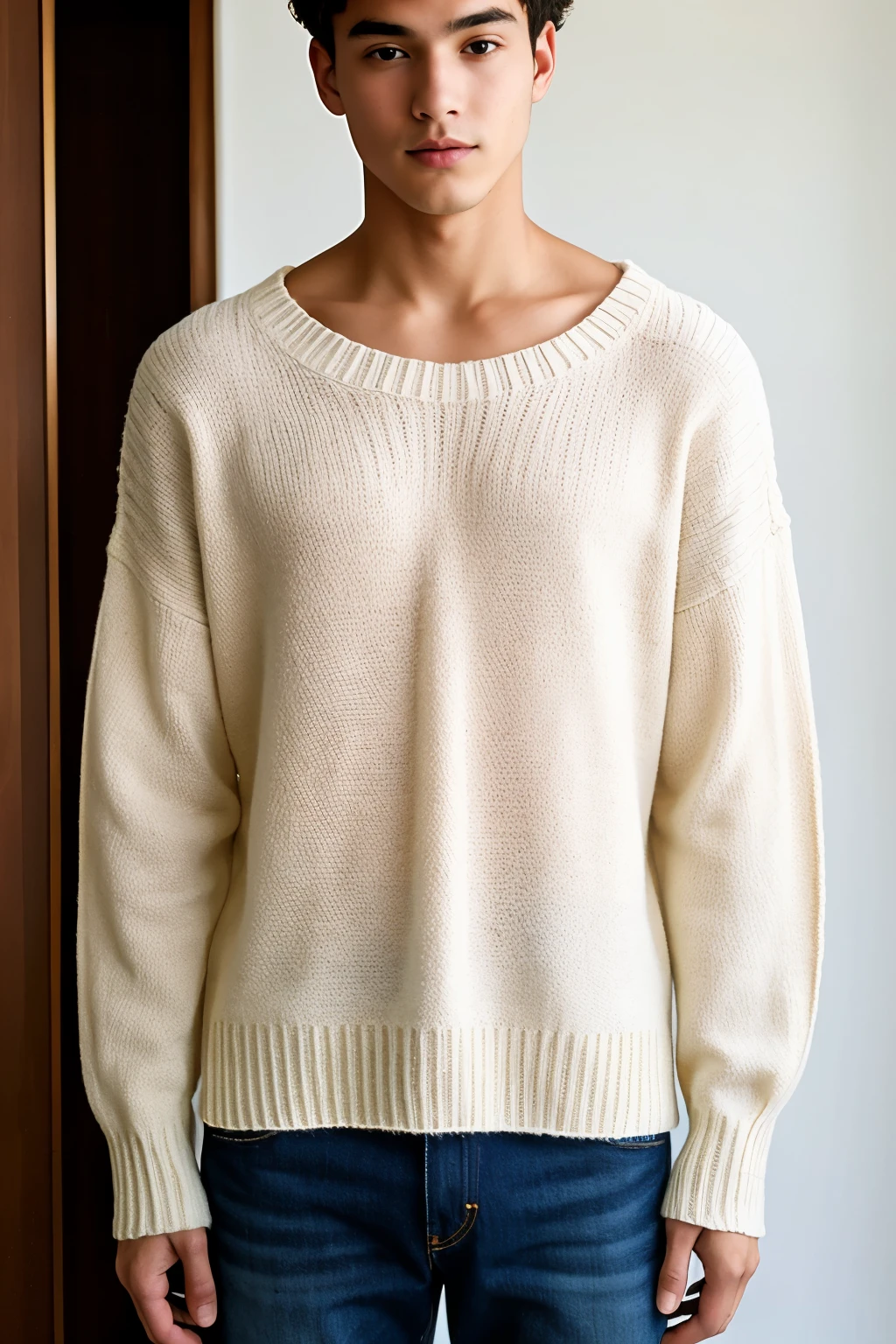 ((best quality)), ((Masterpiece)), (details), 19 year old boy, open shoulder sweater,