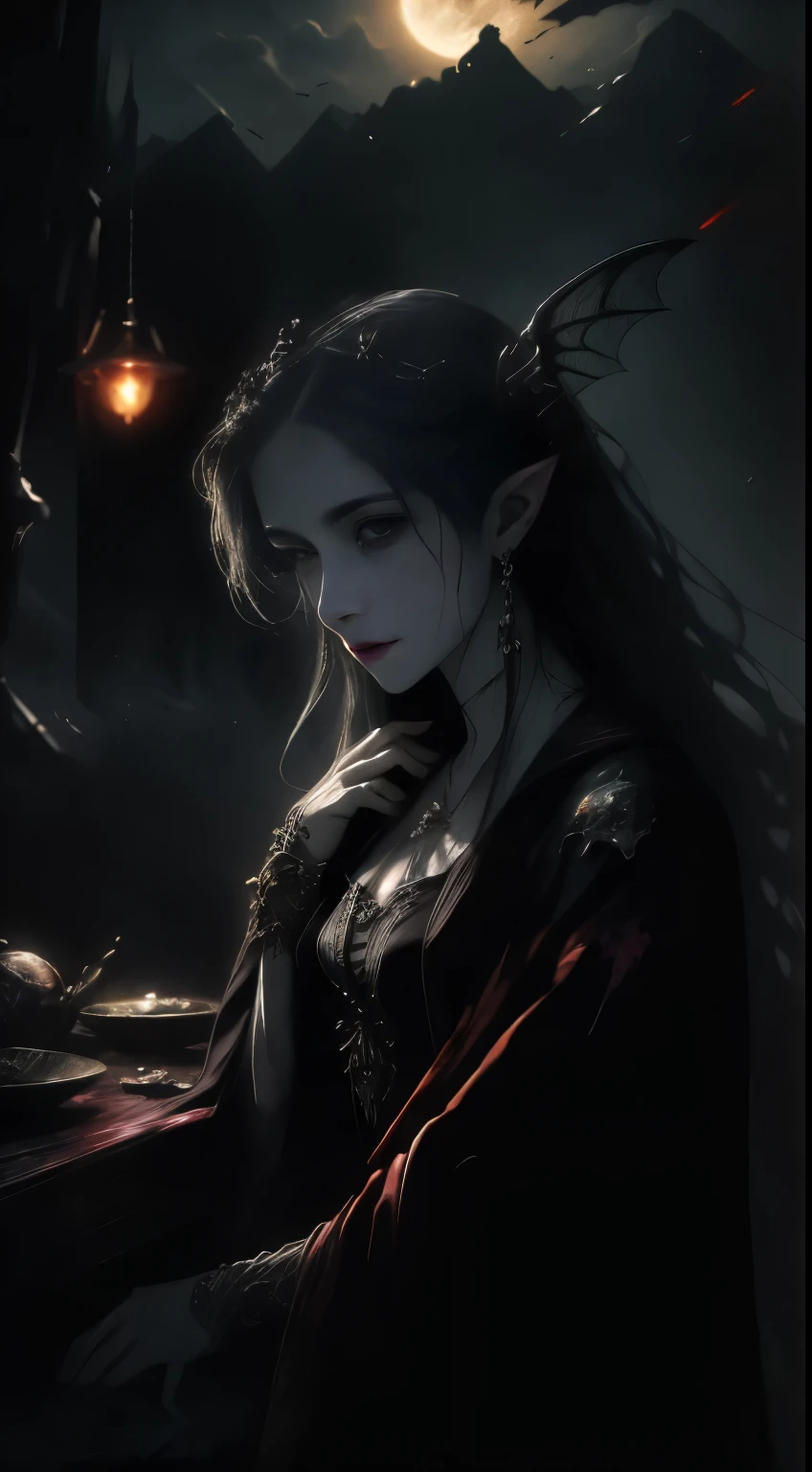 （（best qualtiy））， （（tmasterpiece））， （A detailed）， 1 Vampire，seductive succubus， （（Blood on the face）），（（ blood on body））， blood spatter， Ethereal beauty， perched on a cloud， （Fantasy illustration：1.3）， a captivating gaze， captivating posture， delicate wings， otherworldly charm， mystical sky， （Luis Royo：1.2）， （Yoshitaka Amano：1.1）， a moonlit night， pastelcolor， （detailed cloudscape：1.3）， （A high resolution：1.2）