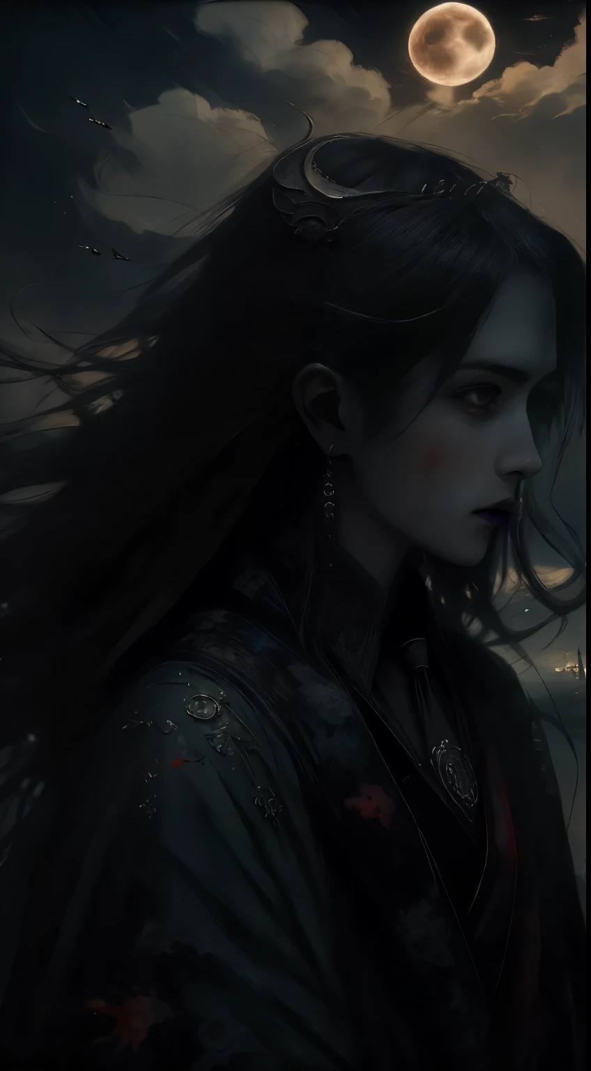 （（best qualtiy））， （（tmasterpiece））， （A detailed）， 1 Vampire，seductive succubus， （（Blood on the face）），（（ blood on body））， blood spatter， Ethereal beauty， perched on a cloud， （Fantasy illustration：1.3）， a captivating gaze， captivating posture， delicate wings， otherworldly charm， mystical sky， （Luis Royo：1.2）， （Yoshitaka Amano：1.1）， a moonlit night， pastelcolor， （detailed cloudscape：1.3）， （A high resolution：1.2）