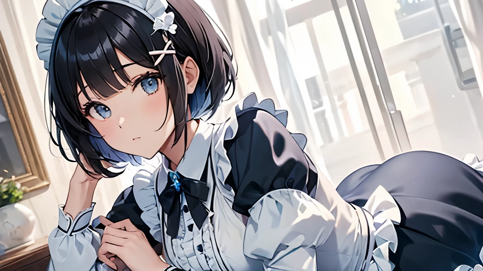 A beautiful girl wearing a light blue maid outfit with lots of frills and lace Long sleeve Black bob with hair ornament Upper Body