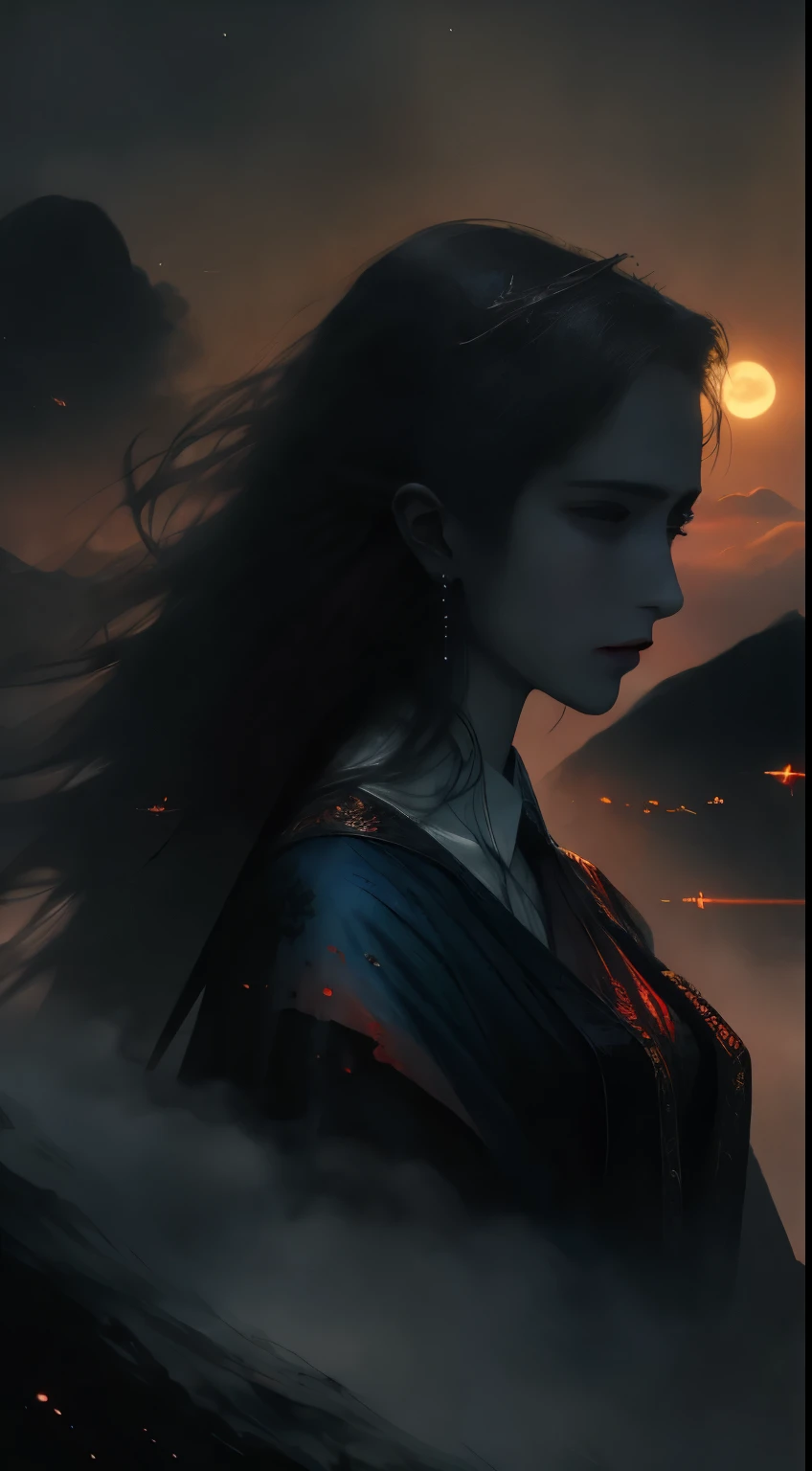 （（best qualtiy））， （（tmasterpiece））， （A detailed）， 1 Vampire，seductive succubus， （（Blood on the face）），（（ blood on body））， blood spatter， Ethereal beauty， perched on a cloud， （Fantasy illustration：1.3）， a captivating gaze， captivating posture， delicate wings， otherworldly charm， mystical sky， （Luis Royo：1.2）， （Yoshitaka Amano：1.1）， a moonlit night， pastelcolor， （detailed cloudscape：1.3）， （A high resolution：1.2）