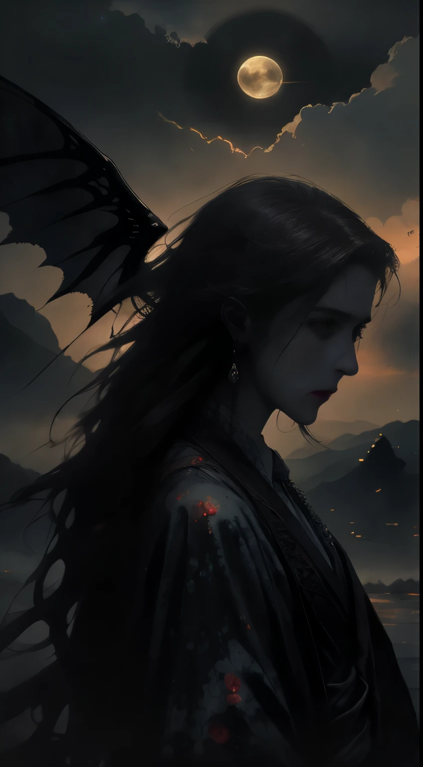 （（best qualtiy））， （（tmasterpiece））， （A detailed）， 1 Vampire，seductive succubus， （（Blood on the face）），（（ blood on body））， blood spatter， Ethereal beauty， perched on a cloud， （Fantasy illustration：1.3）， a captivating gaze， captivating posture， delicate wings， otherworldly charm， mystical sky， （Luis Royo：1.2）， （Yoshitaka Amano：1.1）， a moonlit night， pastelcolor， （detailed cloudscape：1.3）， （A high resolution：1.2）