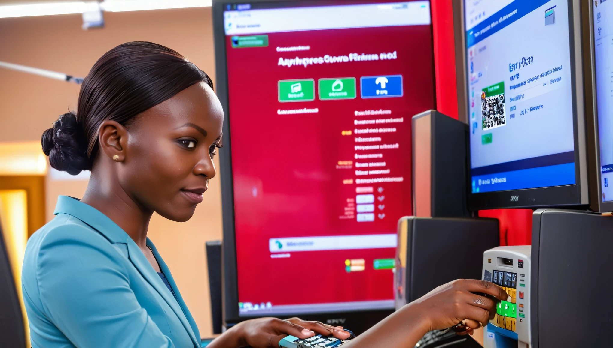 B2C (Business-to-Consumer), visualizing an organization making payments via M-PESA to individuals, close-up of a businessperson clicking a button on a computer screen, mobile phones of workers, small suppliers, and NGO field staff lighting up with payment notifications, lively and interconnected environment showing various workplaces like offices, markets, and rural areas, atmosphere of satisfaction and reliability, Photography, captured with a Sony A7 III and a 35mm lens, --ar 16:9 --v 5
