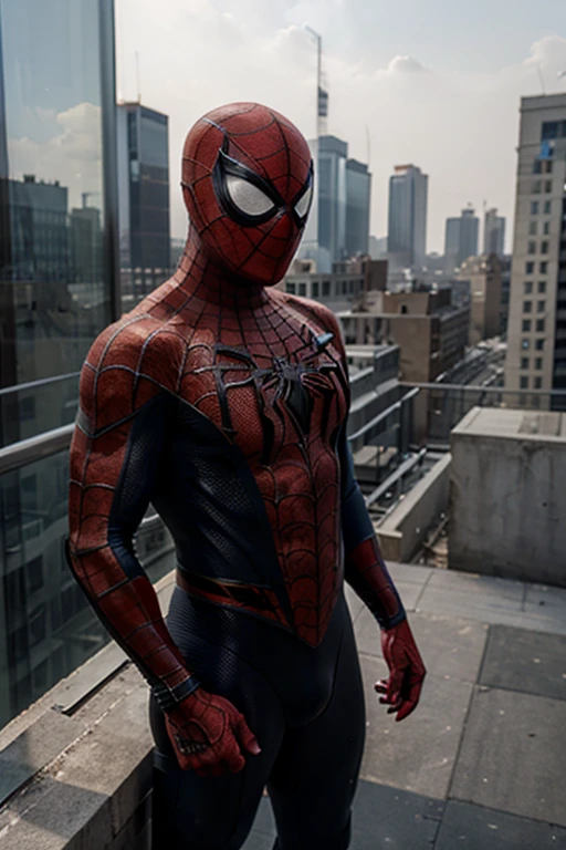 masterpiece , award winning picture , spiderman standing at the rooftop , torned mask.