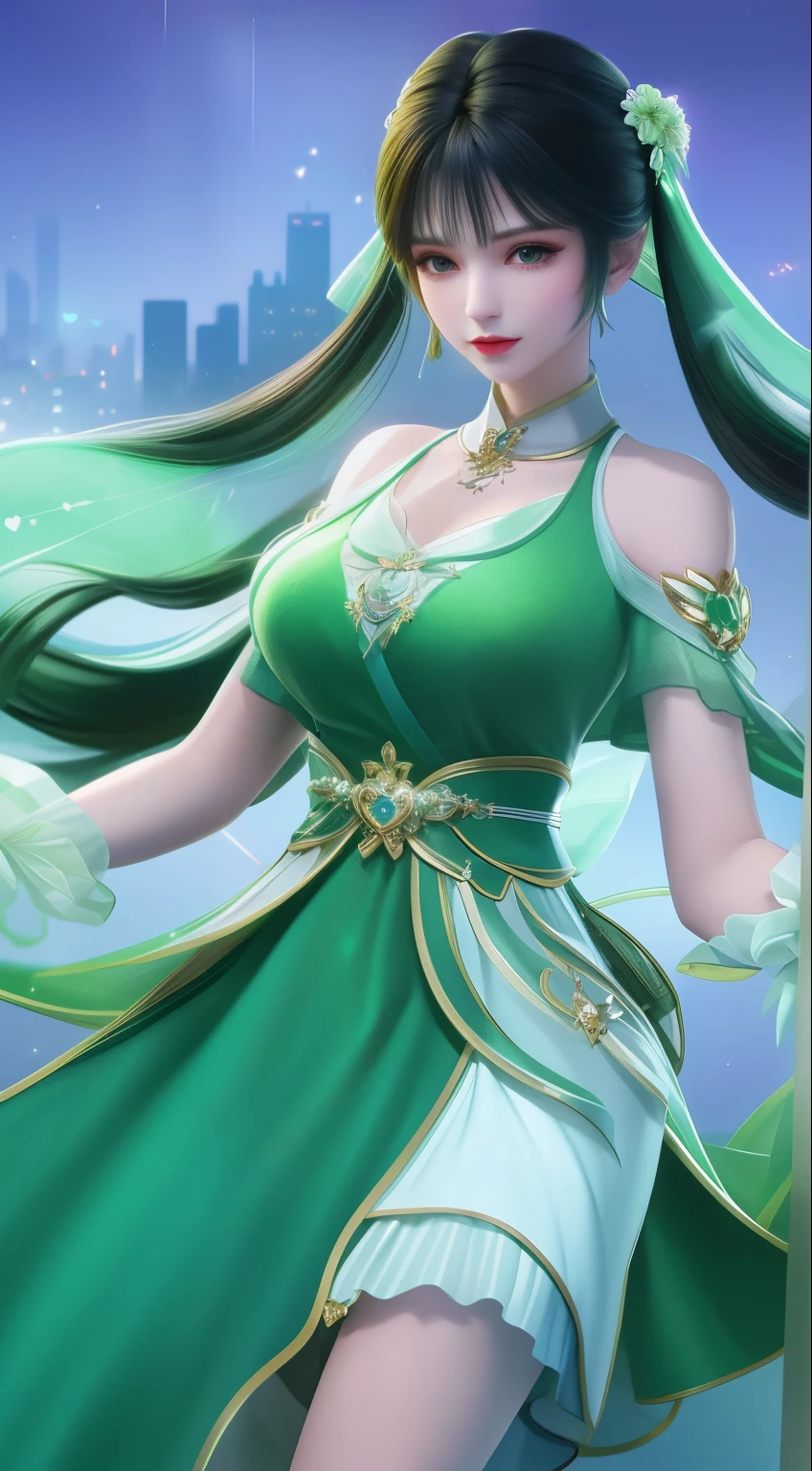 1 Girl,city View,night,View Viewer,Hair accessories,Double tail,White and green dress,collar,Garment cutting,Jewelry,shirt,prune,belt,Shoulder cutouts,Necklace,hair,senility,Cowboy shooting,Heart,