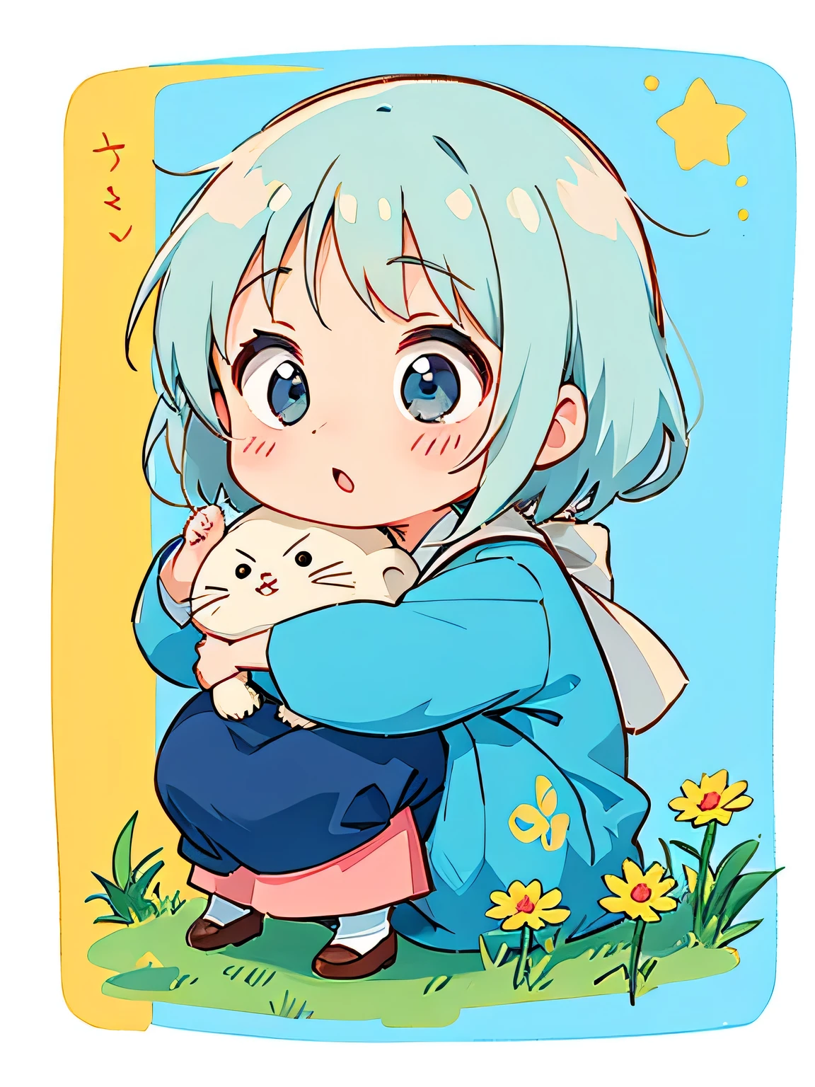 Hayao Miyazaki style, Kawaii Design, most beautiful girl ever、Chibi, president, huging, 