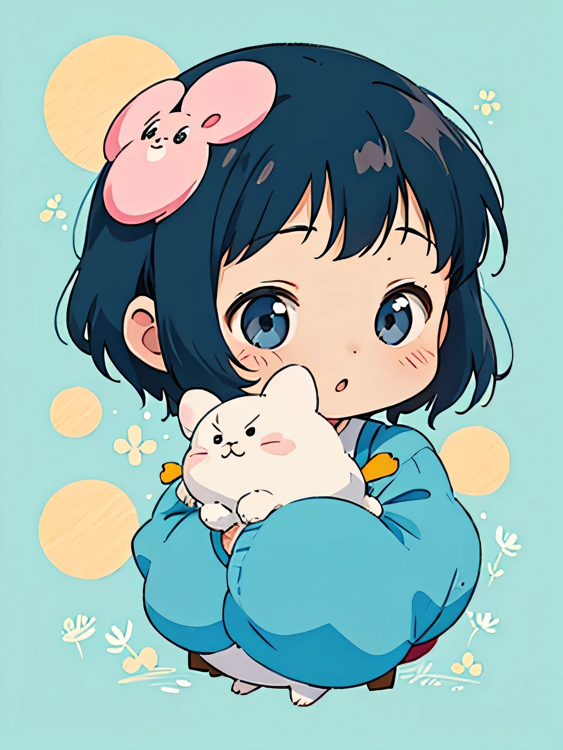 Hayao Miyazaki style, Kawaii Design, most beautiful girl ever、Chibi, president, huging,
