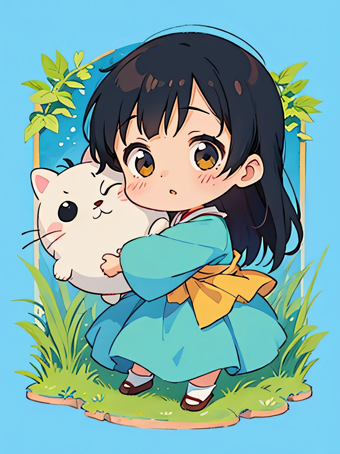 Hayao Miyazaki style, Kawaii Design, most beautiful girl ever、Chibi, president, huging, 