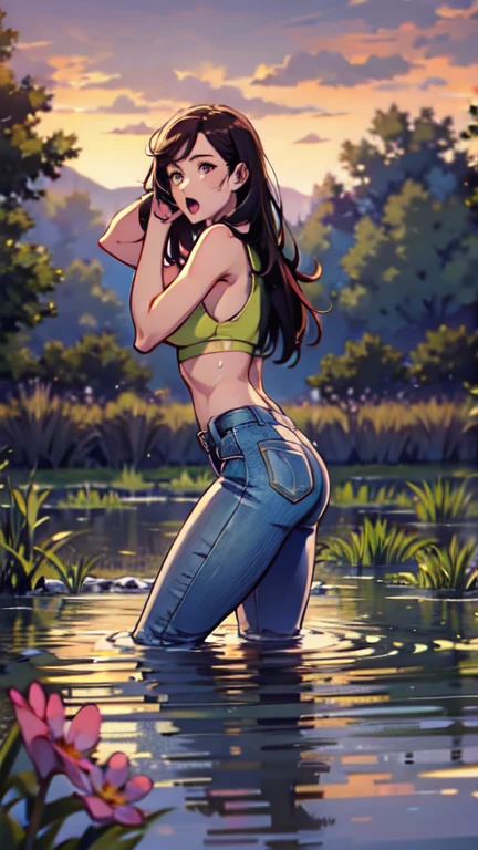 woman, blushed, flared soaking wet jeans:1.2, horny pose, orgasm,drowning in quicksand, crop-top, looks around, dusk,