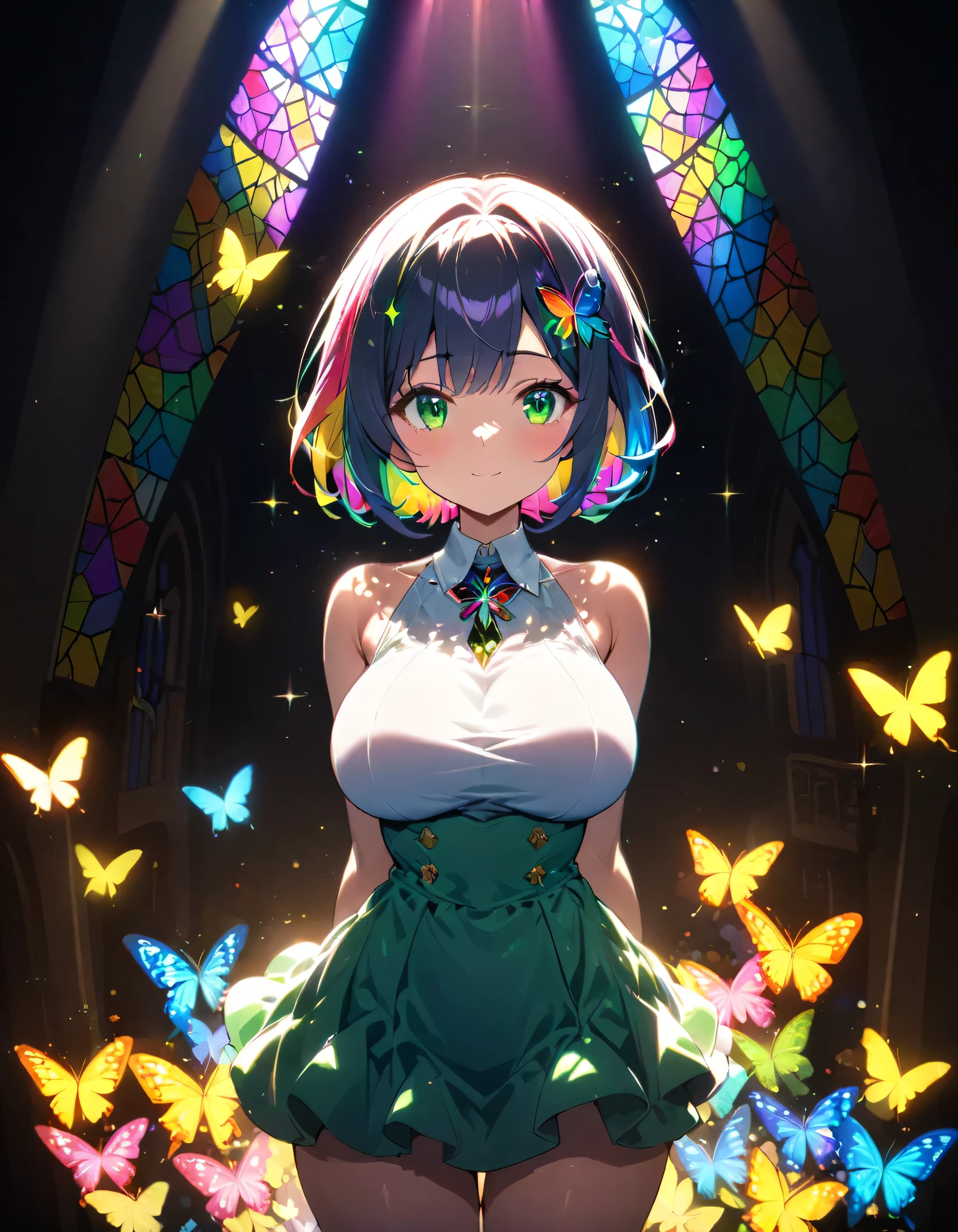 One girl, masterpiece, Very detailed, ((Cinema Lighting)), (Shine), ((Dramatic lighting)), ((Beautiful sparkle)), Super Detail, Lens flare, Multicolored Hair, Rainbow Hair, Short Bob, Colorful dresses, Butterfly hair accessory, butterfly, (Particles of light), Big Breasts, [Curvy], Cowboy Shot, A light smile, Green Eyes, church, Stained glass, Spotlight, Dark Background, View Viewer,((colorful)), Full Body Shot