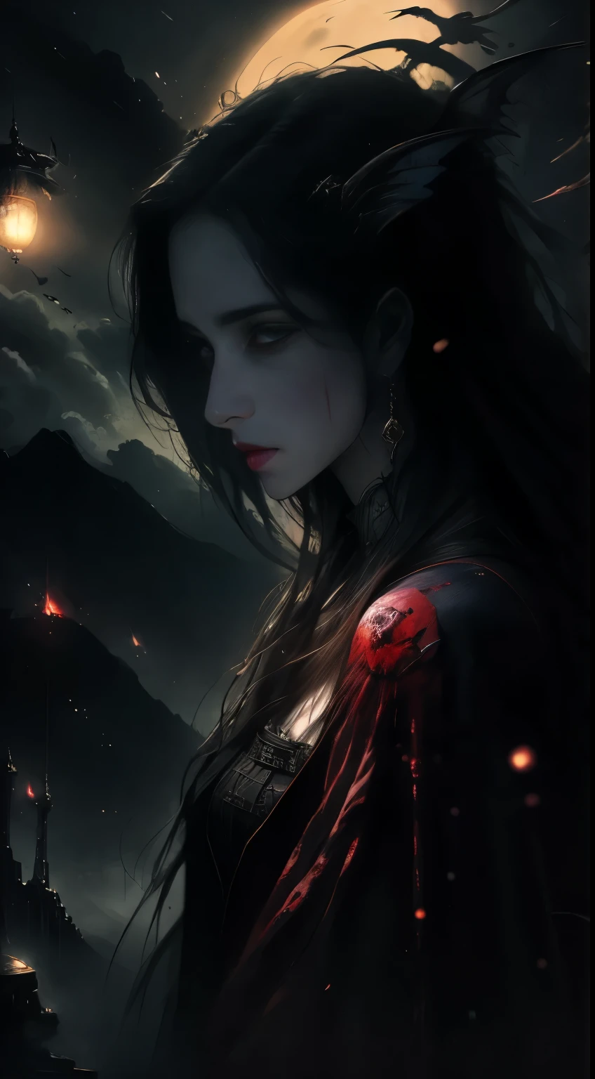 （（best qualtiy））， （（tmasterpiece））， （A detailed）， 1 Vampire，seductive succubus， （（Blood on the face）），（（ blood on body））， blood spatter， Ethereal beauty， perched on a cloud， （Fantasy illustration：1.3）， a captivating gaze， captivating posture， delicate wings， otherworldly charm， mystical sky， （Luis Royo：1.2）， （Yoshitaka Amano：1.1）， a moonlit night， pastelcolor， （detailed cloudscape：1.3）， （A high resolution：1.2）