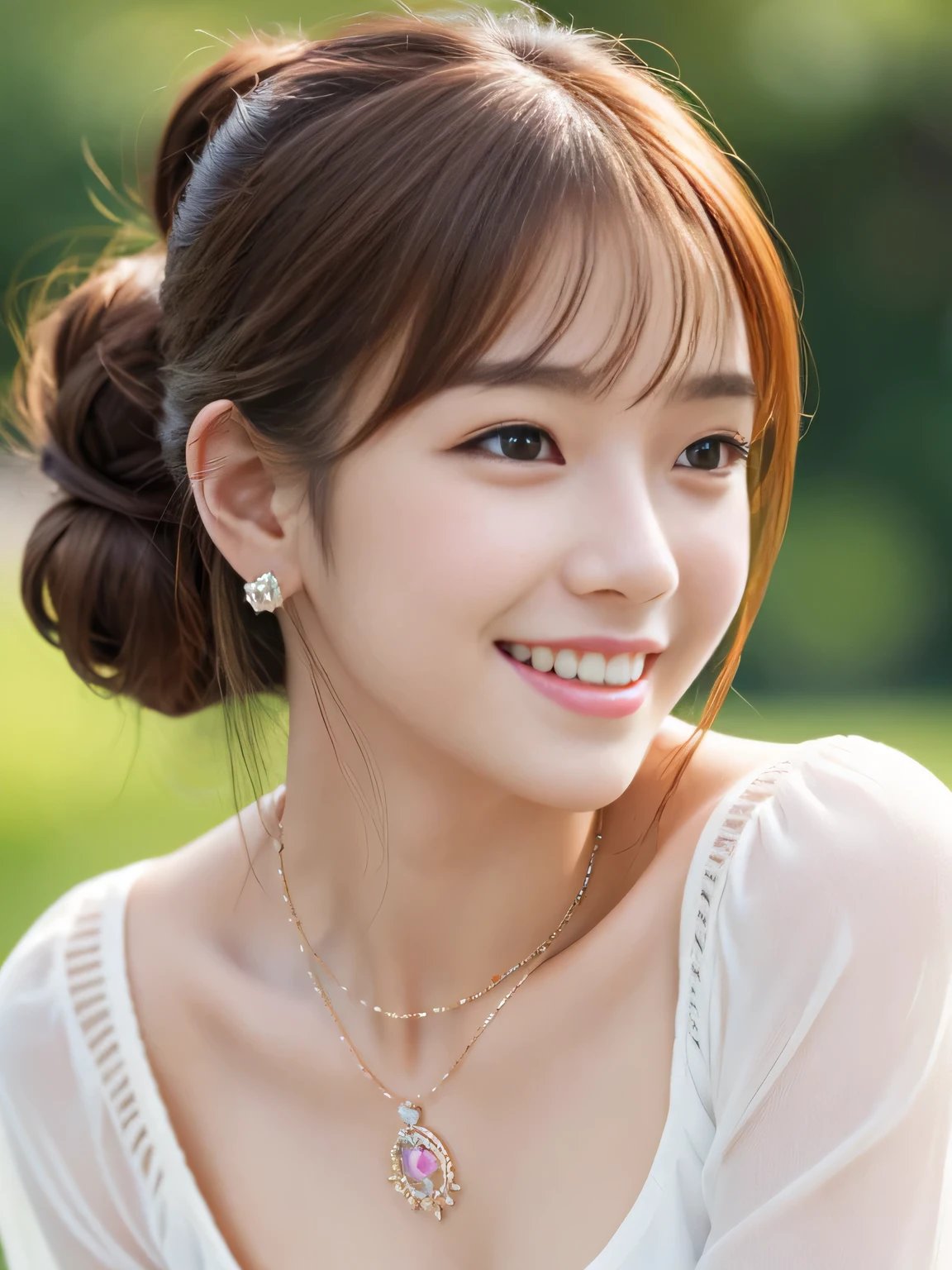 Ultra-high resolution, Superior Quality, highest quality, Very detailed, Realistic, 8k, RAW Photos, highest quality, masterpiece, Attractive girl, Awesome girl, Light brown hair、Hairstyle bun、Japanese Idols, Ear piercing、Necklace around the neck、blouse,smile、Beautiful teeth alignment、
