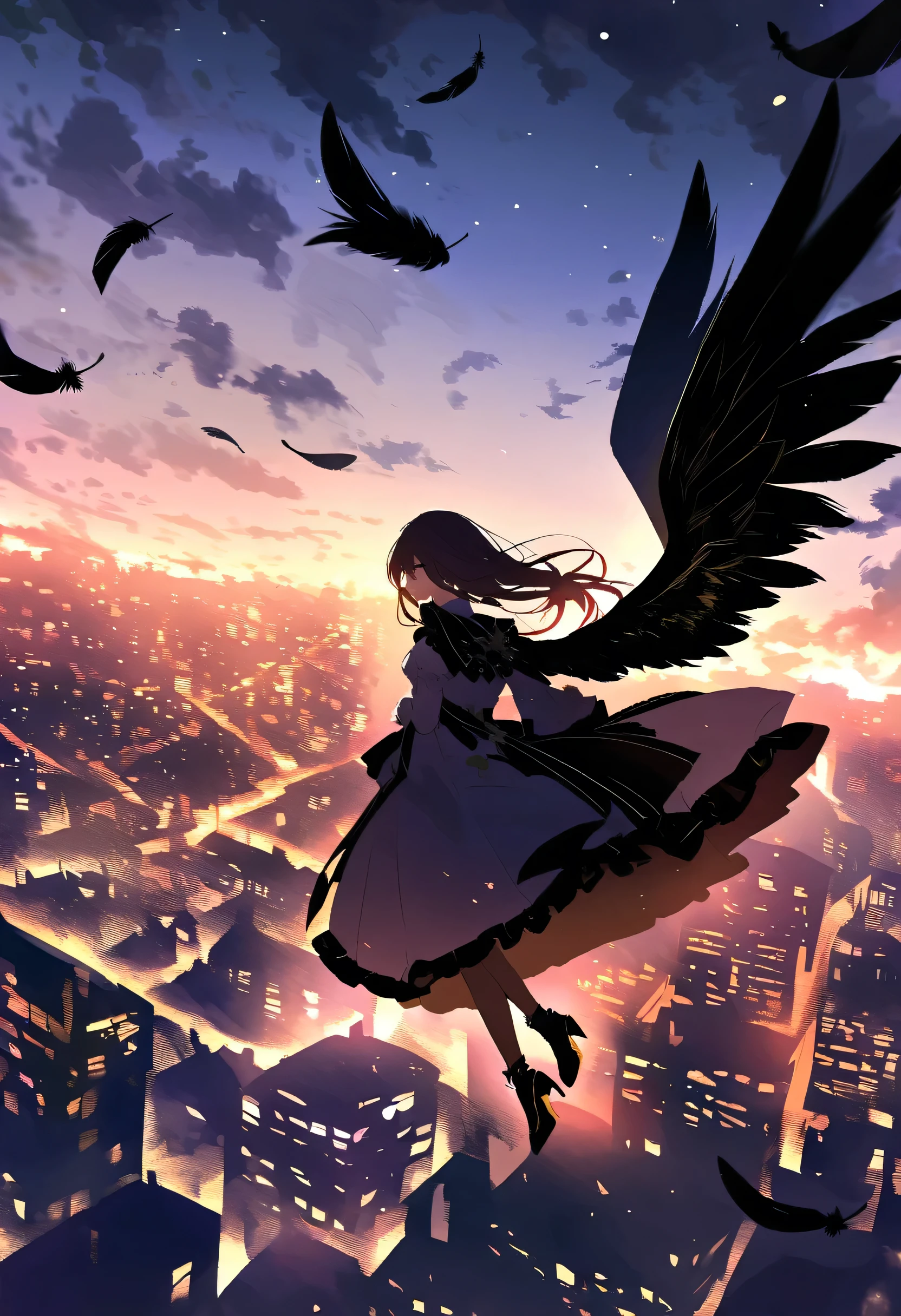 The image depicts a female angel floating above a city at night.。. The city lights shine golden、Create a dramatic atmosphere, Its delicate presence and black feathers contrast with the urban environment.。. Women seem protective and cautious.