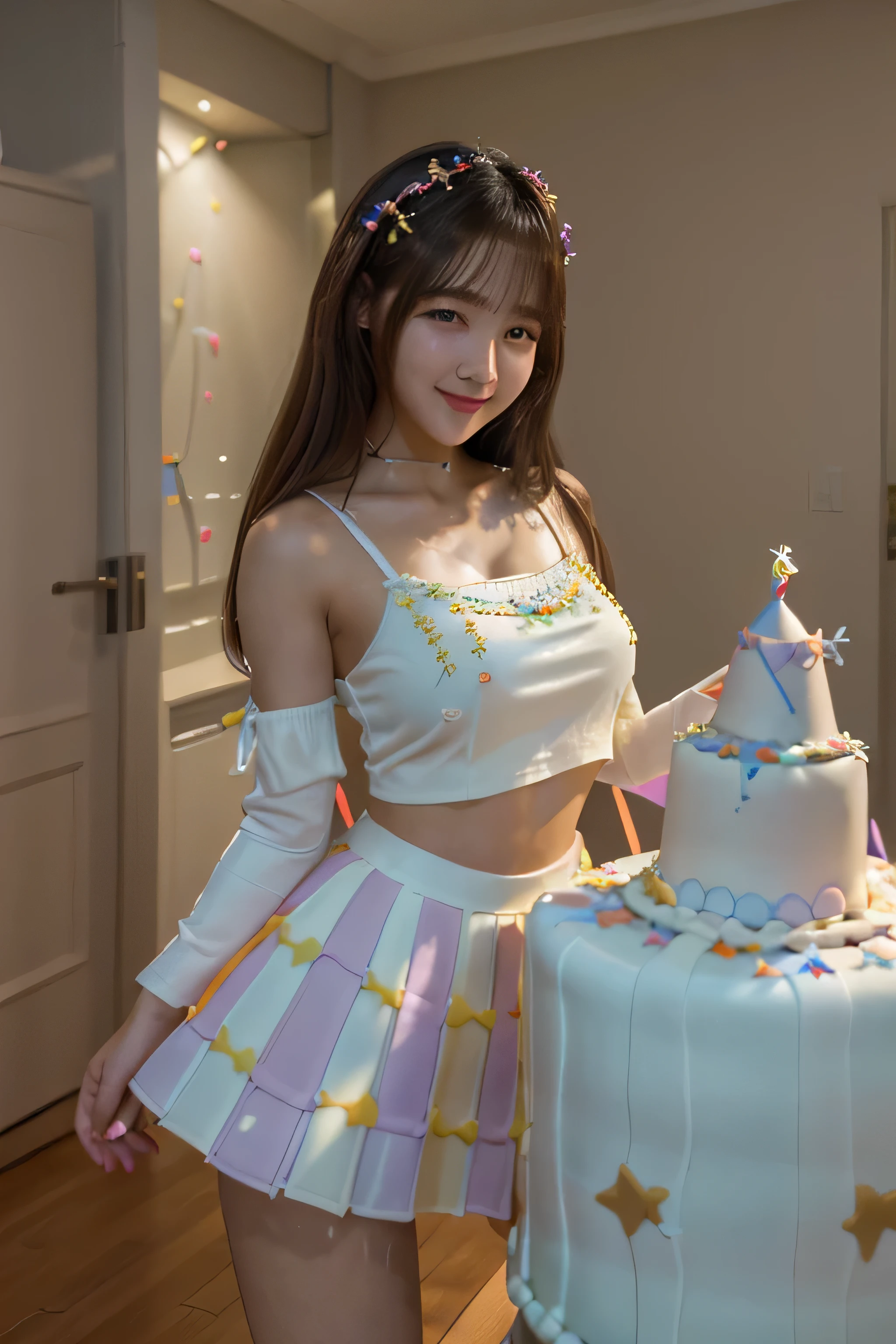 (8k, best quality, masterpiece:1.2),light lighting,photon mapping,radiosity,Korean Doll,fullbody,standing,1girl,tasting her (big birthday cake:1.5),smiling,extreme detailed crop top with skirt,above knee,birthday candle