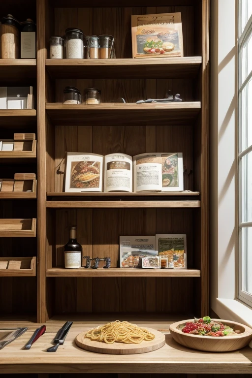 Colocar colheres de madeira, cutting boards and knives next to gourmet sauces, artisanal pasta and Italian cuisine cookbooks. This creates an association of use between the utensils and the ingredients, encouraging customers to purchase both items together for a complete culinary experience