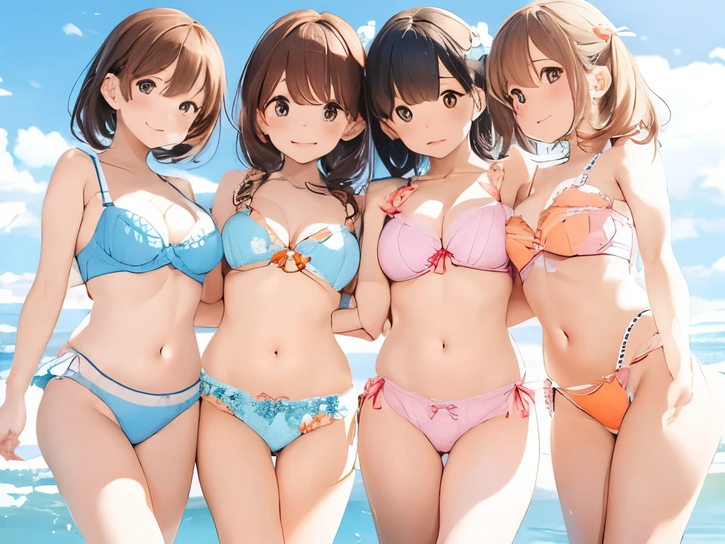 Four busty sisters in cute lingerie and cute bras、Cute white bra with ribbon、White and light blue checkered bra、Cute orange bra、White underwear with cute ribbon、White and light blue striped pants、Cute orange underwear、Sandy Beach, Calm, Clear sea and blue sky、Pink floral bra、Pink floral underwear、barefoot