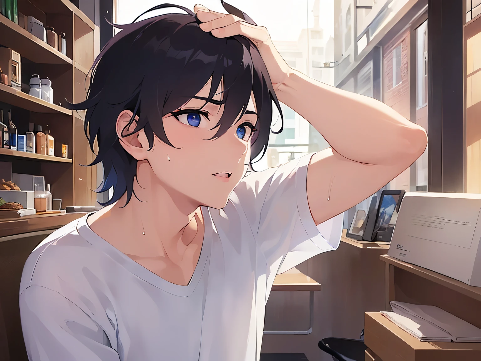 Detailed CG,Ultra-fine illustrations,masterpiece,highest quality,Upper body,shiny skin,BREAK(28-year-old male:1.5)and(Black Short Hair)and(blue eyes)BREAK,(White T-shirt:1.5)and(jeans),(Confounded:1.5),(one's eyes wandering),(looking away:1.5),side angle,(sweat:1.5),(hand on own head:1.5)and(Biologically correct５Finger)and(missing fingers),The background is the interior of a coffee shop.,alone