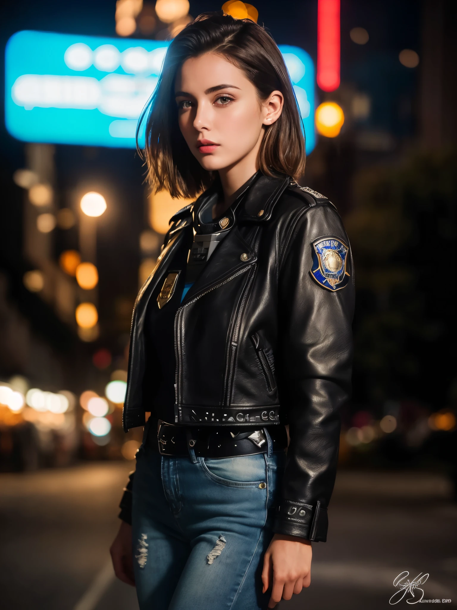 (((masterpiece))), (((highest quality: 1.4))), ((Very detailed: 1.4)) , (Shooting from the side), Portrait of a beautiful female model natlp, Georgia Fowler, Beautiful Face, Short dark brown hair, Cyberpunk city at night. She is wearing a leather jacket, Black jeans, Dramatic lighting, (Police Badge:1.2)
