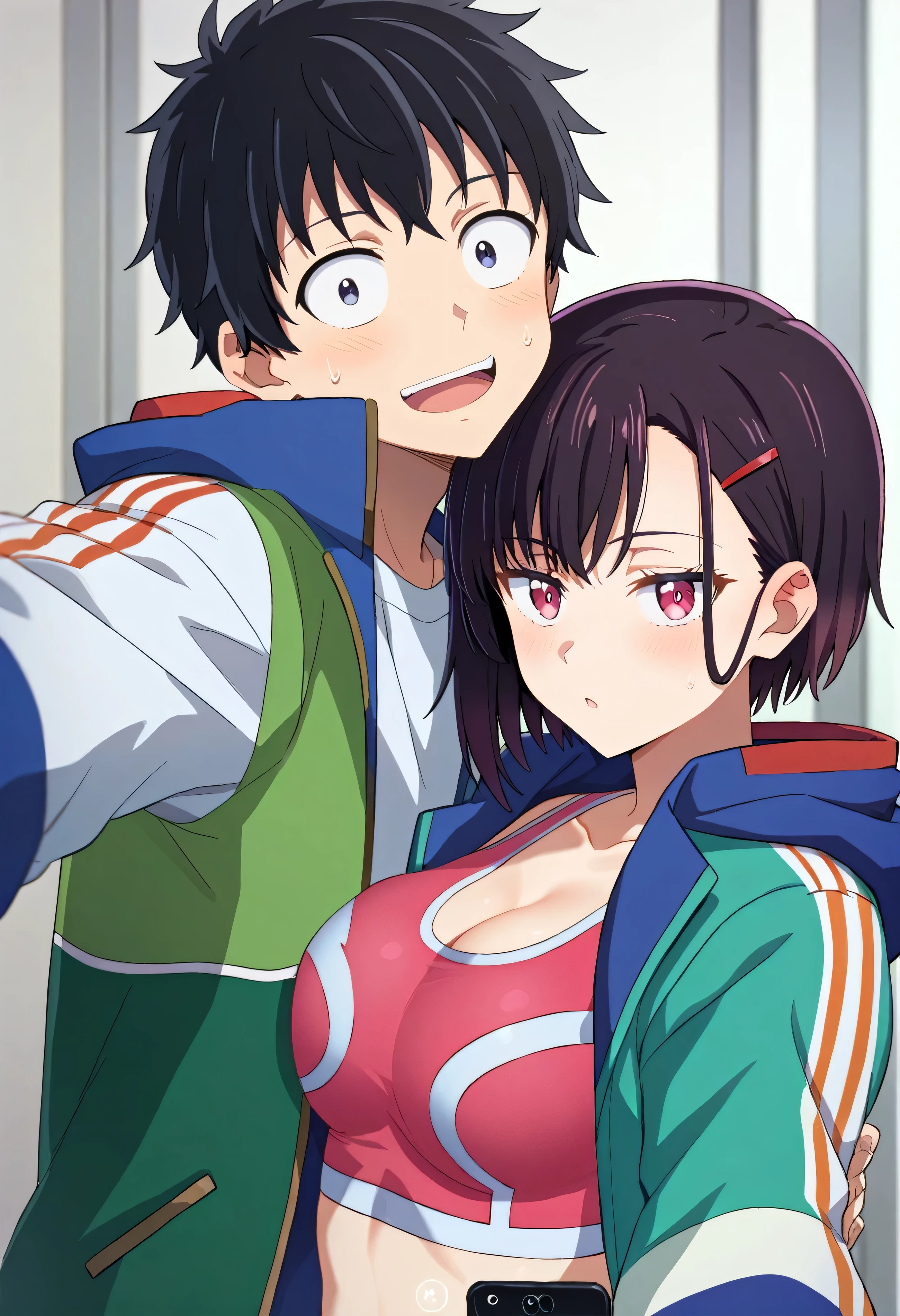 selfie, 1girl, 1boy, hugging, BREAK
tendouakira, white shirt, green jacket, open jacket, and
mikazukishizuka, hooded jacket, open jacket, pink sports bra, BREAK
score_9, score_8_up, score_7_up, score_6_up, anime