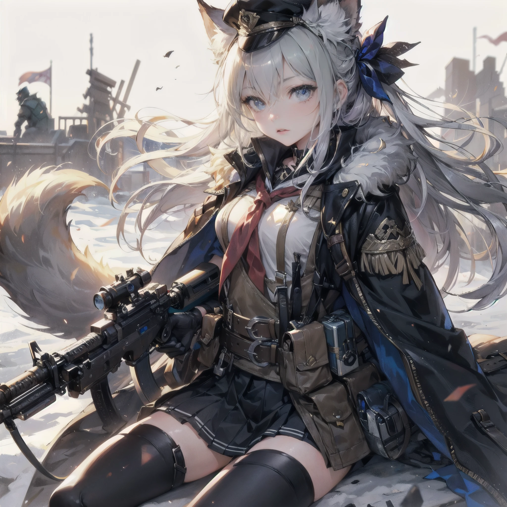 A fantasy Wasteland battles hand-in-hand through a wasteland full of pitfalls. The camera zooms in on the girl, capturing her determination. The cool girl, with wolf ears,wolf tail, wears thin leather armor and dark cloak. As the zoom progresses, the focus shifts to her hands, highlighting the worn and weathered textures that symbolize her journey and the hardships she has endured. This message is realized in a mixed-media sculptural style, combining elements of metalwork and textile art to represent the characters and their resilience in three-dimensional form.