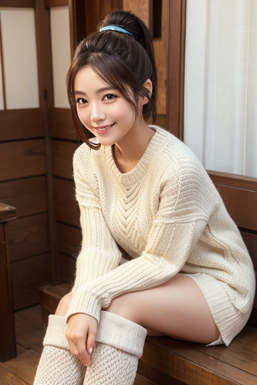 shrine　Knitted clothing　Knee-high　
ponytail　smile　Beauty