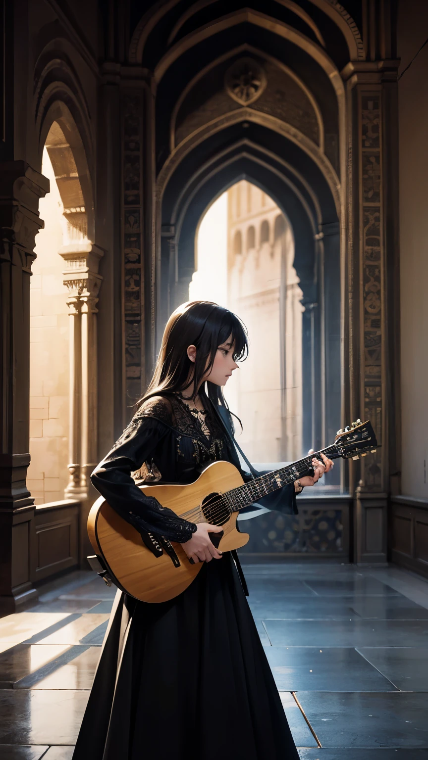 guitarist_Tarrega、Guitar playing、At the Alhambra、Reality、Romance、Fantasy、Dramatic lighting, Structure of the film, highest quality, masterpiece、Fantasy Landscape, Detailed guitar, Dramatic atmosphere, Calm colors, Detailed facial features,