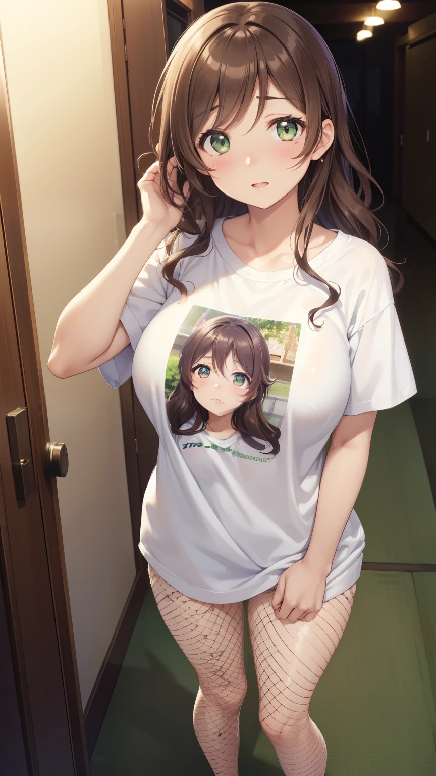 nozomitoujou, nozomi toujou, green eyes, brown hair, curly hair, large breasts, masterpiece, best quality, high resolution, beautiful detailed eyes, extremely detailed face, good lighting, detailed CG, messy hair, worried, t-shirt, (white fishnets), full body, standing