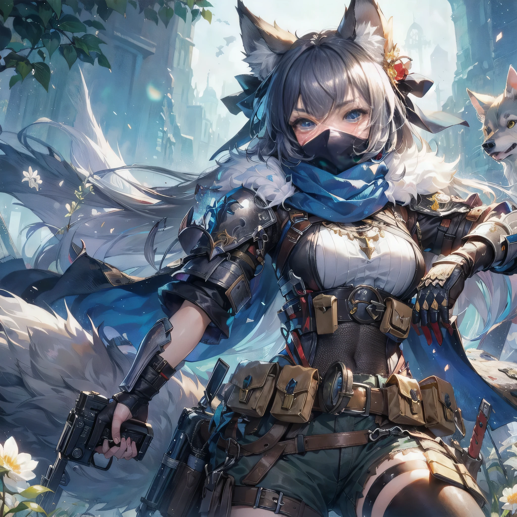 A fantasy Wasteland battles hand-in-hand through a wasteland full of pitfalls. The camera zooms in on the girl, capturing her determination. The cool girl, with wolf ears,wolf tail,  wears thin leather armor and dark cloak. As the zoom progresses, the focus shifts to her hands, highlighting the worn and weathered textures that symbolize her journey and the hardships she has endured. This message is realized in a mixed-media sculptural style, combining elements of metalwork and textile art to represent the characters and their resilience in three-dimensional form.