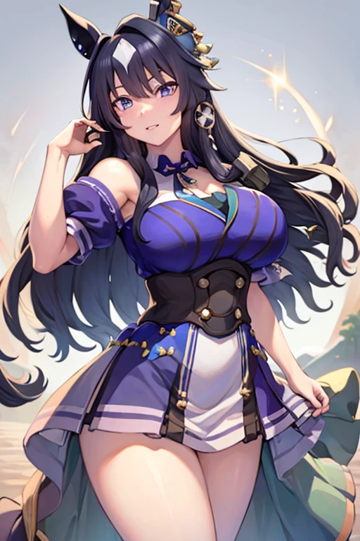 masterpiece, highest quality:1.2),8K, One Woman, alone,Shiny skin、very, very massive breasts、Very large breasts、very thick legs、Are standing、Composition from the front、Smiling、Facing forward、Stand up straight,looking at the camera、Off-the-shoulder dress